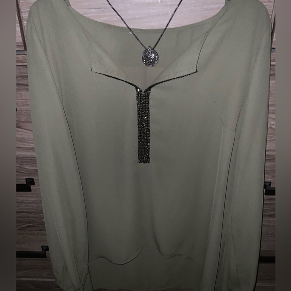 Juicy Couture Tops - Juicy Couture ~ curved hem ~ Olive green blouse with bling v-neck ( worn once )